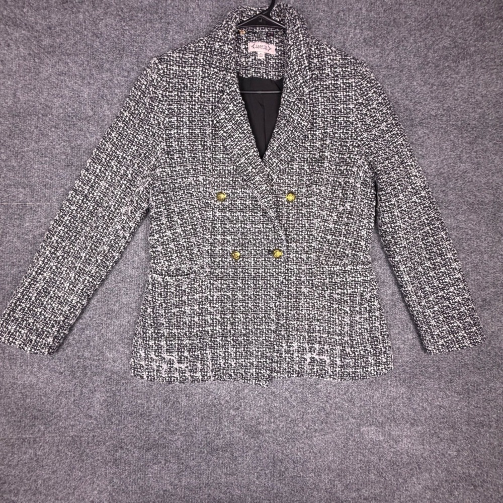 Nanette Lepore Womens Black White Tweed Double Breasted Blazer Gold Buttons Sz 8